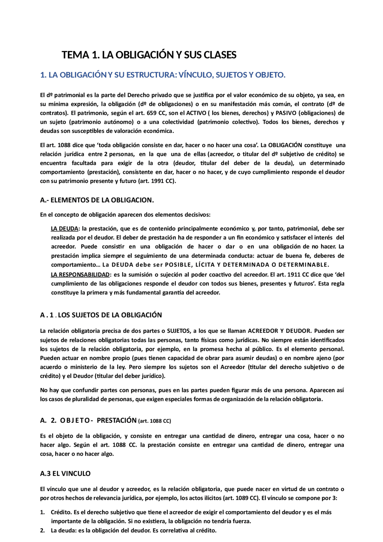 TEMA 1 la obligación y sus clases - Docsity