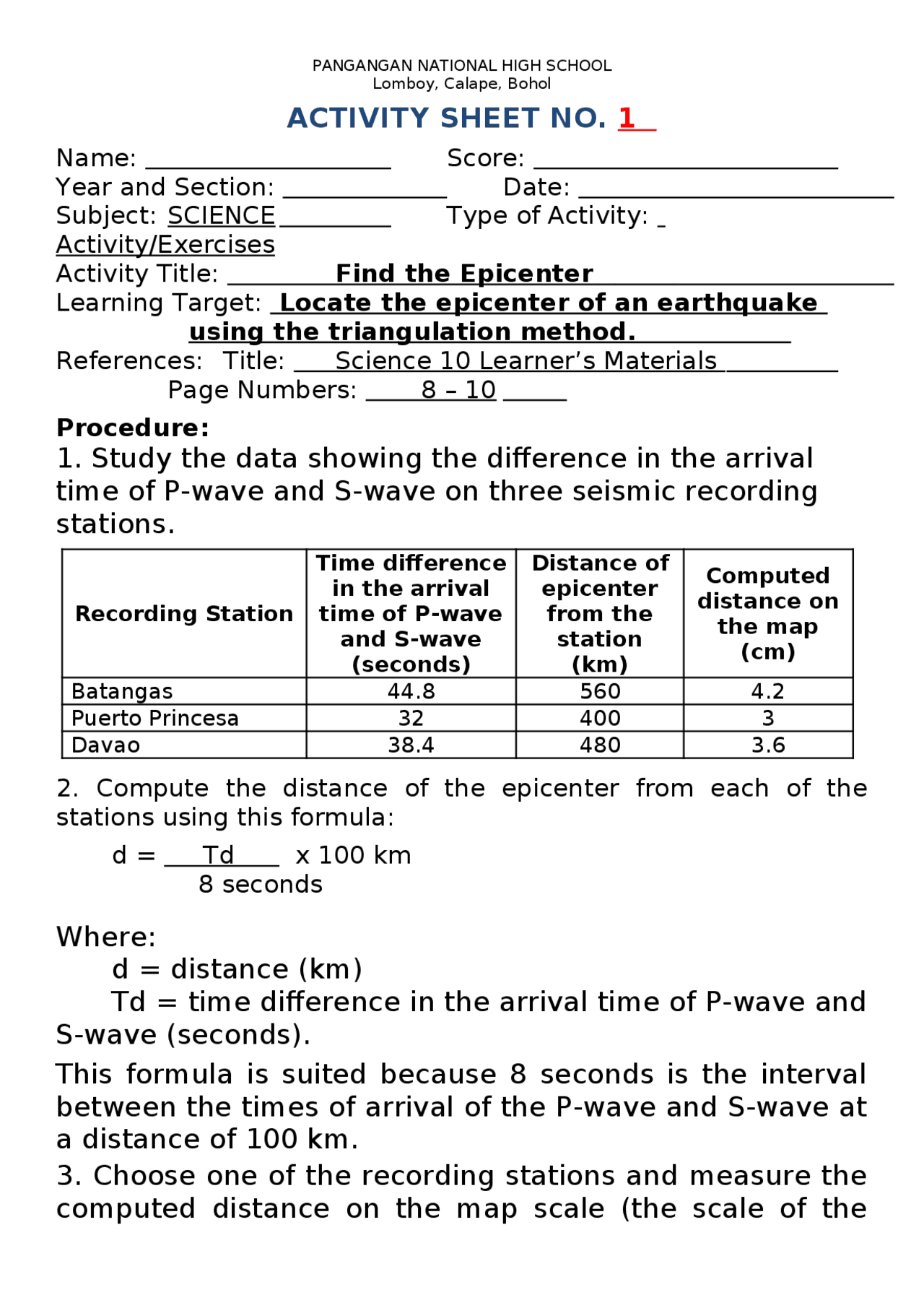 Find the Epicenter of an Earthquake Study notes Earth science Docsity