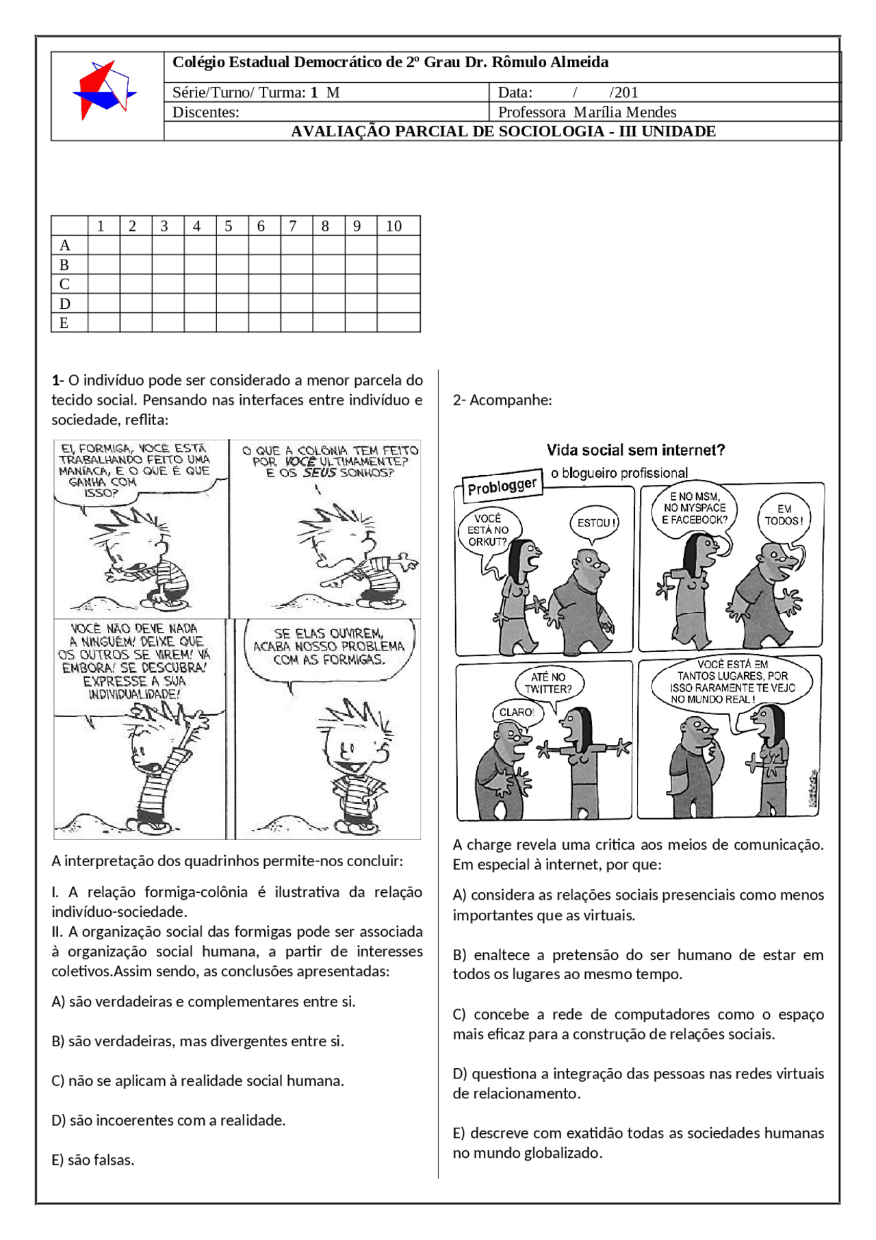 Prova de sociologia 1ºano - Docsity