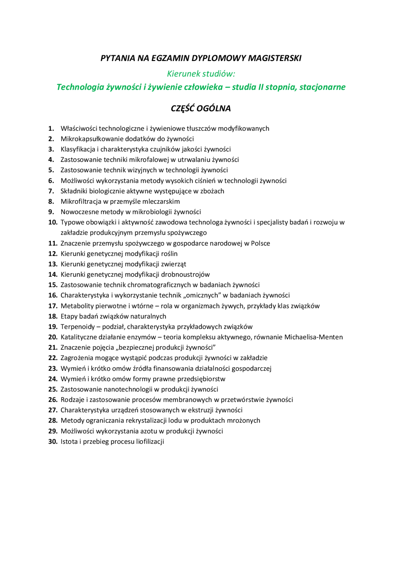Technologia żywności i żywienie człowieka: egzamin magisterski - Docsity