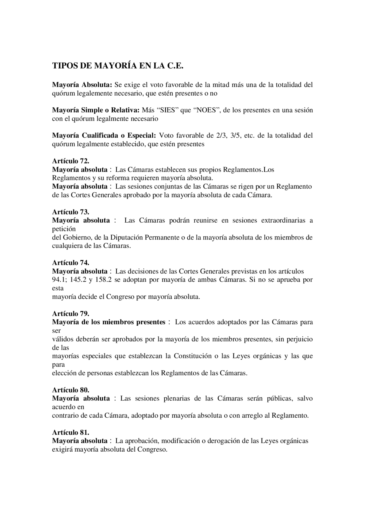 Mayorías en la Constitución Española - Docsity