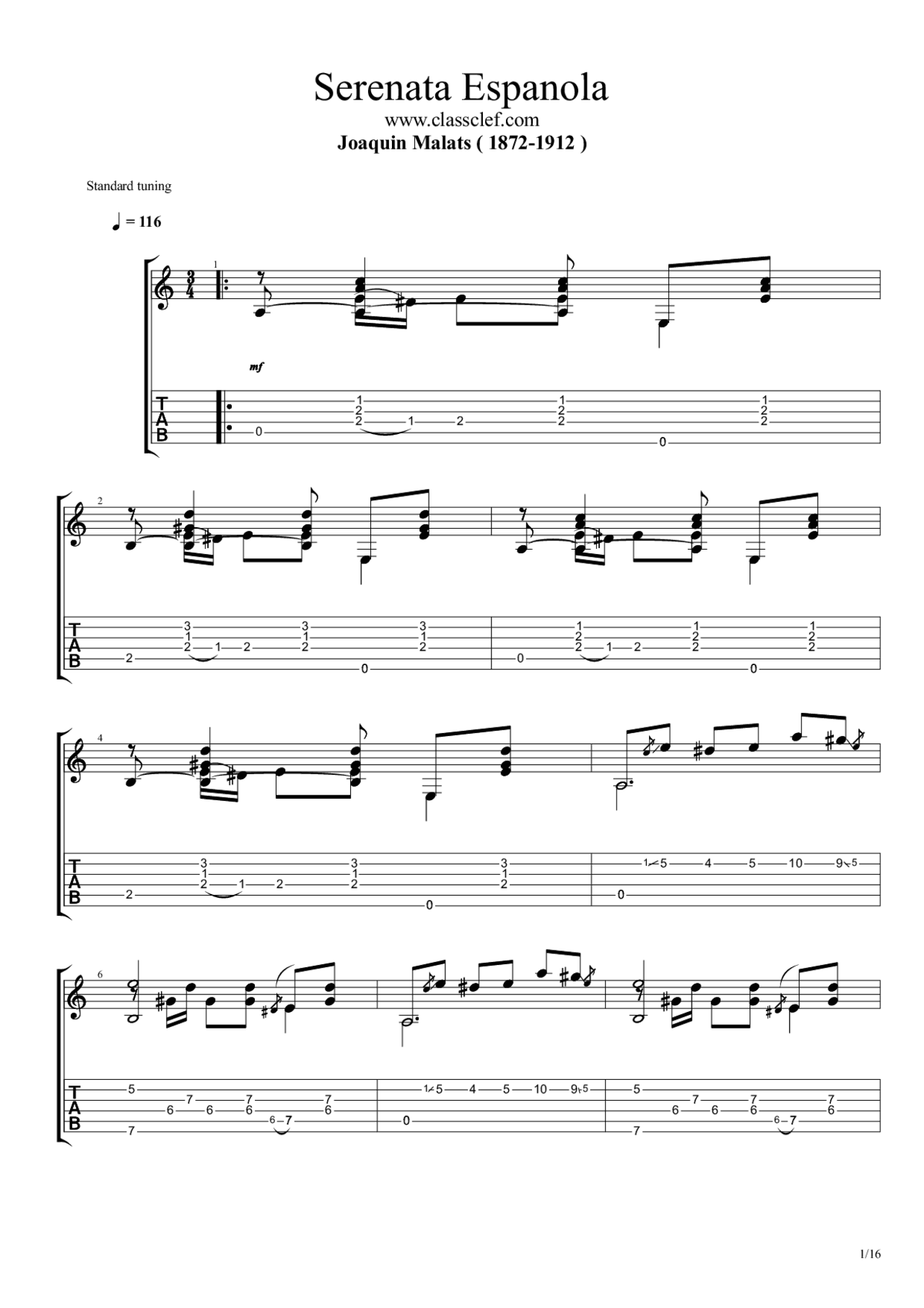 Serenata Española by Joaquin Malats tab Transcrições Música Docsity