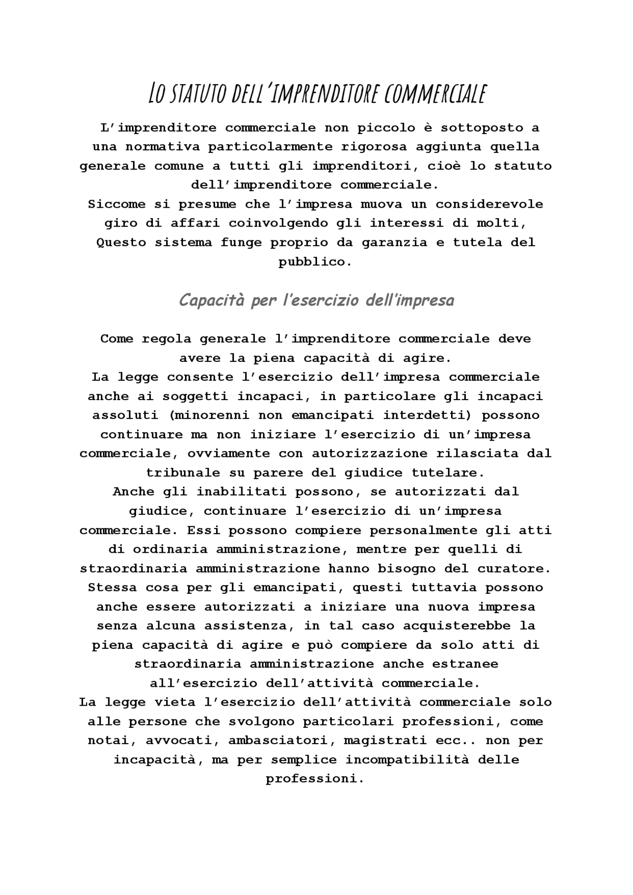 Lo statuto dell'imprenditore commerciale Docsity