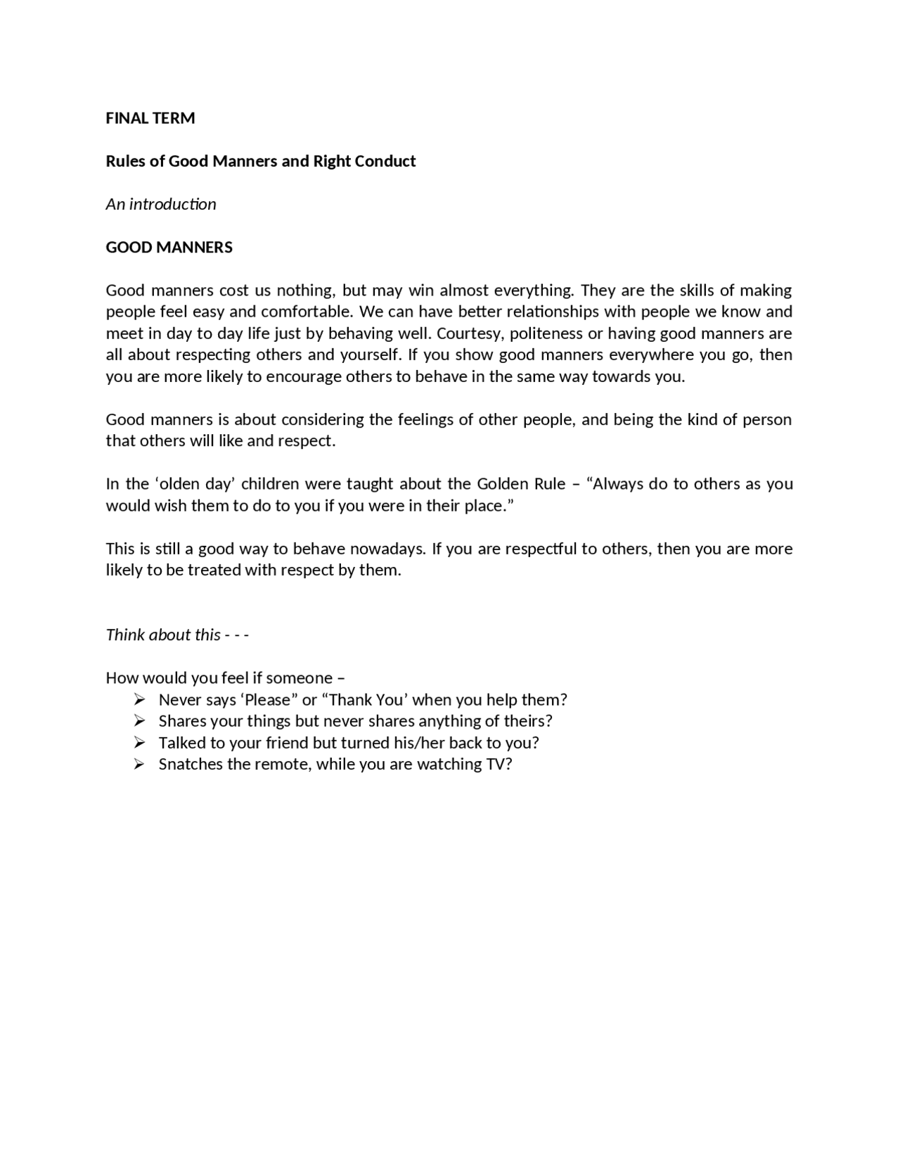 Introduction Manner Good Manners and Right Conduct: An Introduction | Assignments Ethics ...