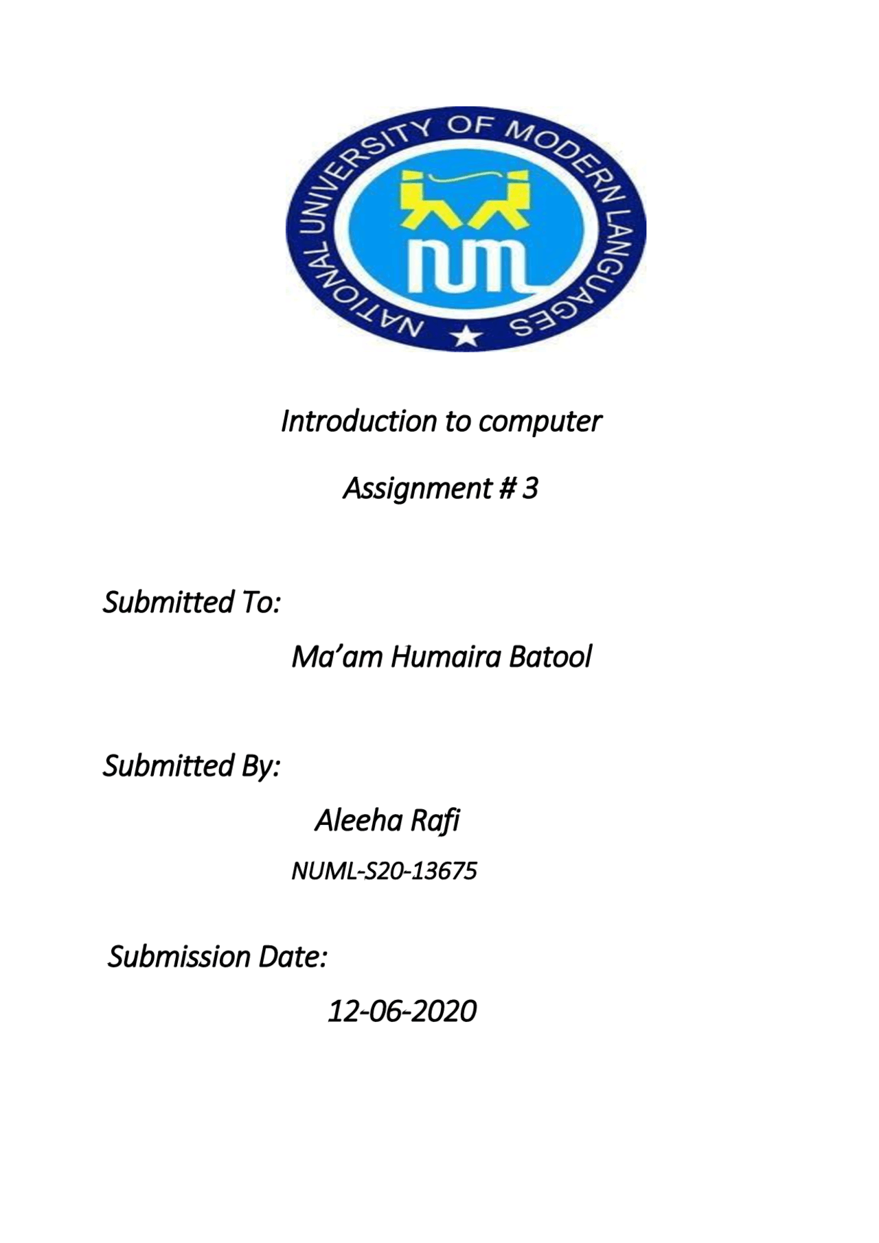 Assignment First Page Ict Ict assignment chapter no 1 introduced to computer - Docsity