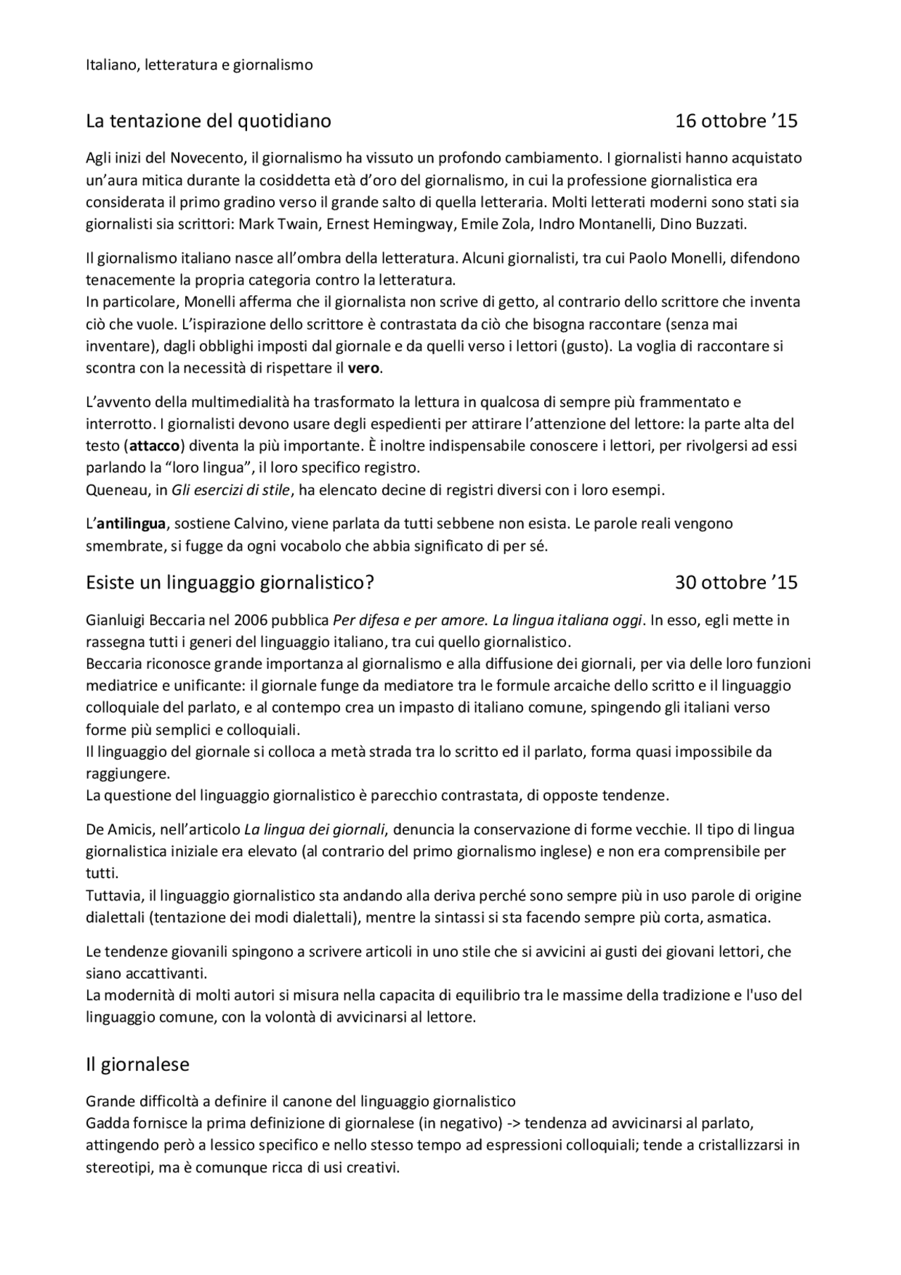Letteratura e giornalismo (Italiano per la comunicazione) - Docsity