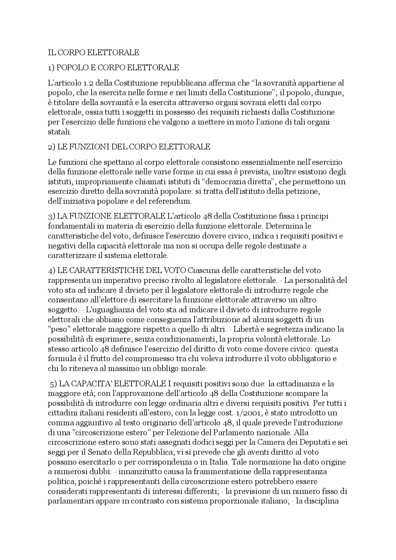 Il corpo elettorale, diritto Docsity