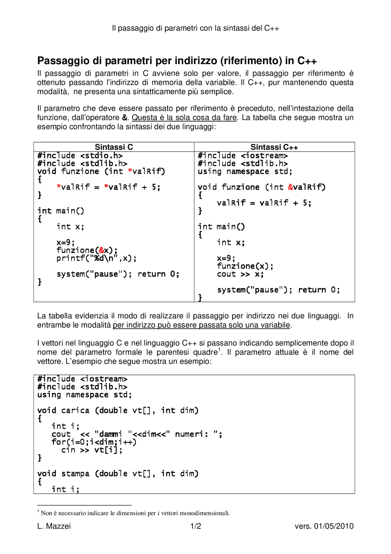 Il passaggio di parametri con la sintassi del C++ - Docsity