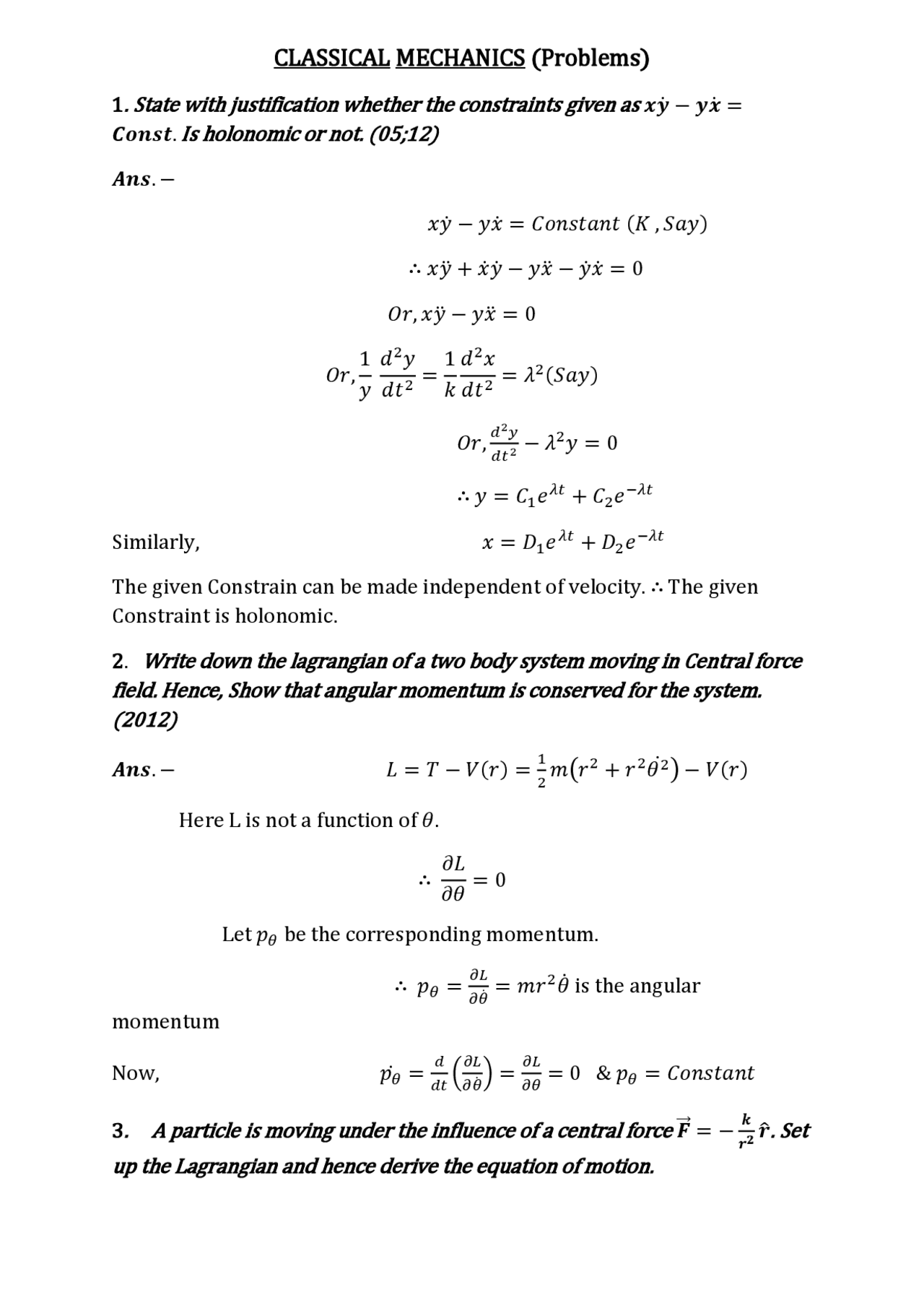 Classical Mechanics Lagrangian And Hamiltonian Probs Solution Classical Mechanics Lagrangian And Hamiltonian Probs Solution