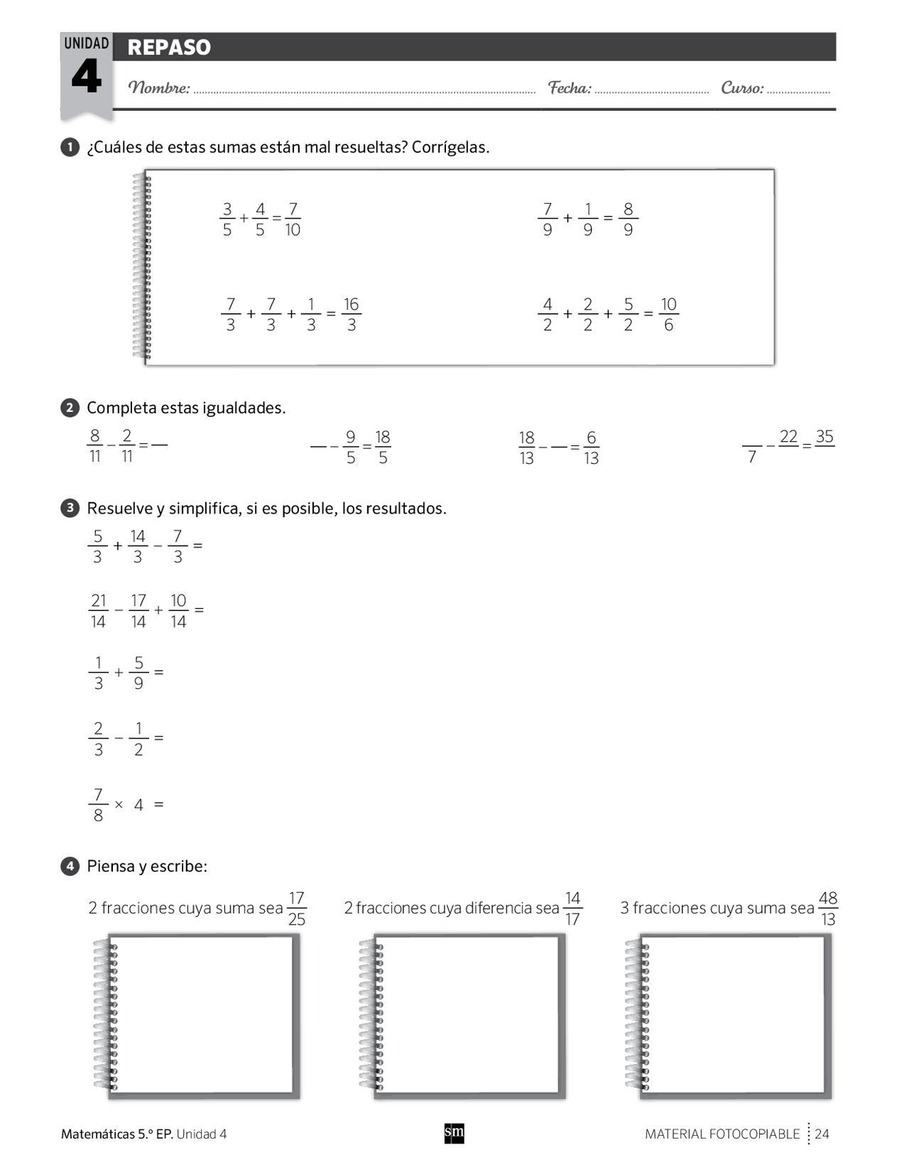 REPASO TEMA 4 MATEMATICAS 4º PRIMARIA SM | Ejercicios de Matemáticas ...