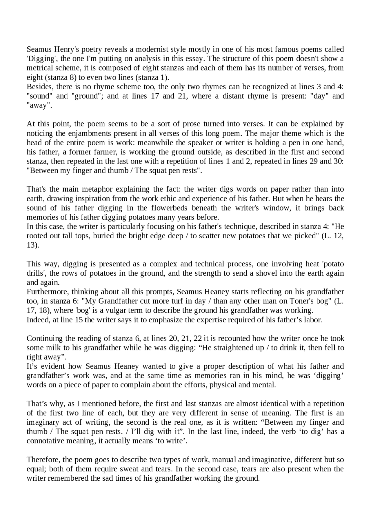 Seamus Heaney Digging Analysis Docsity