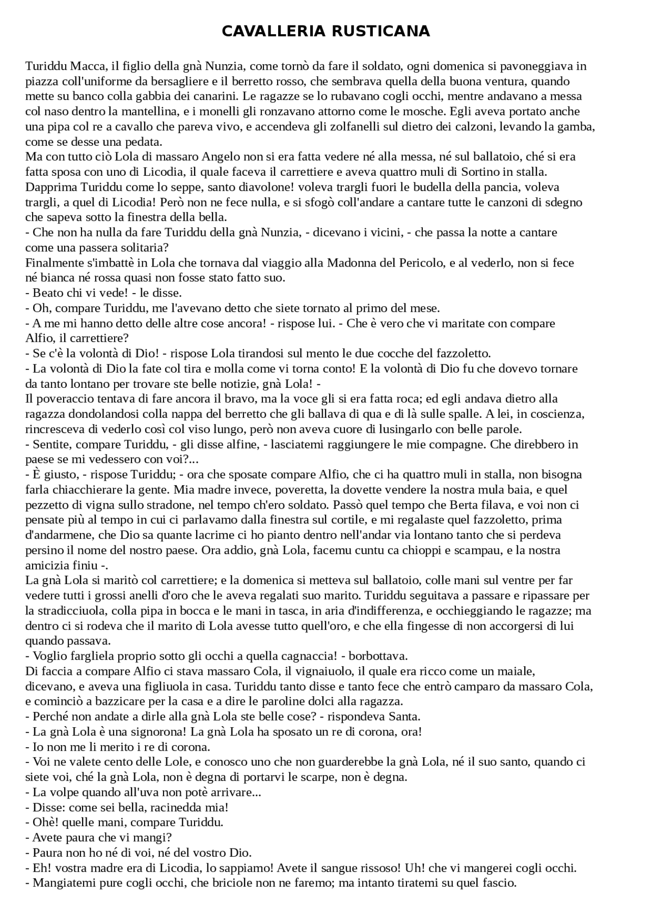 Cavalleria rusticana Giovanni Verga Docsity