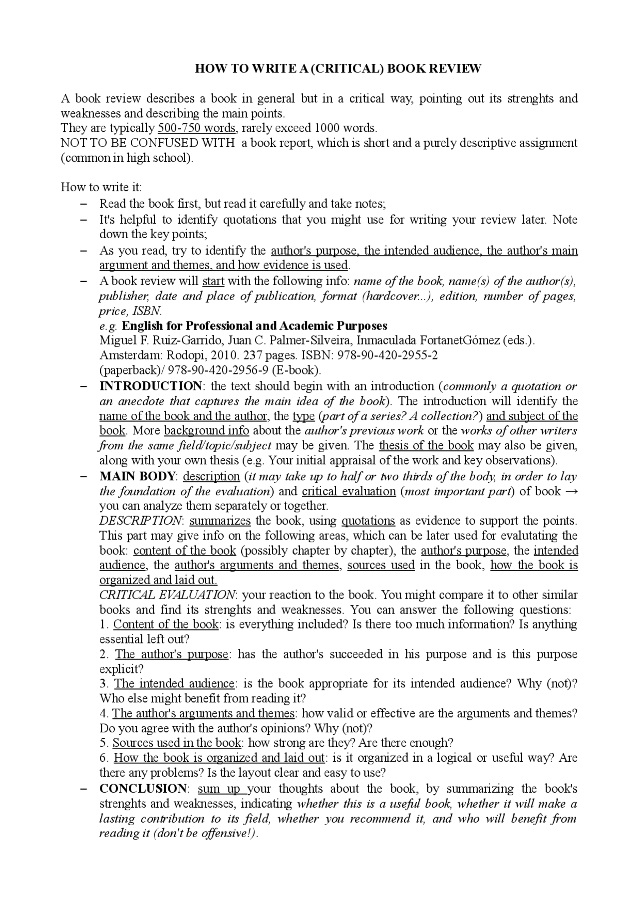 How to write a (critical) book review - ENGLISH GUIDE - Docsity