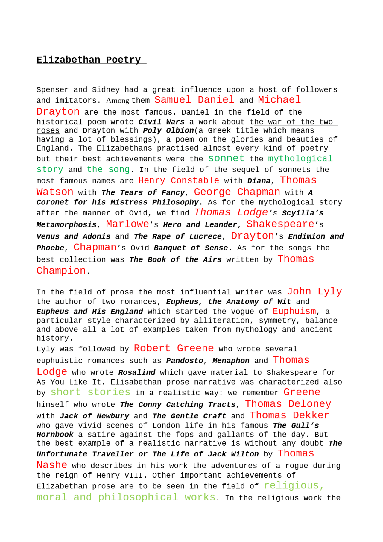 English Literature summary Elizabethan poetry Docsity