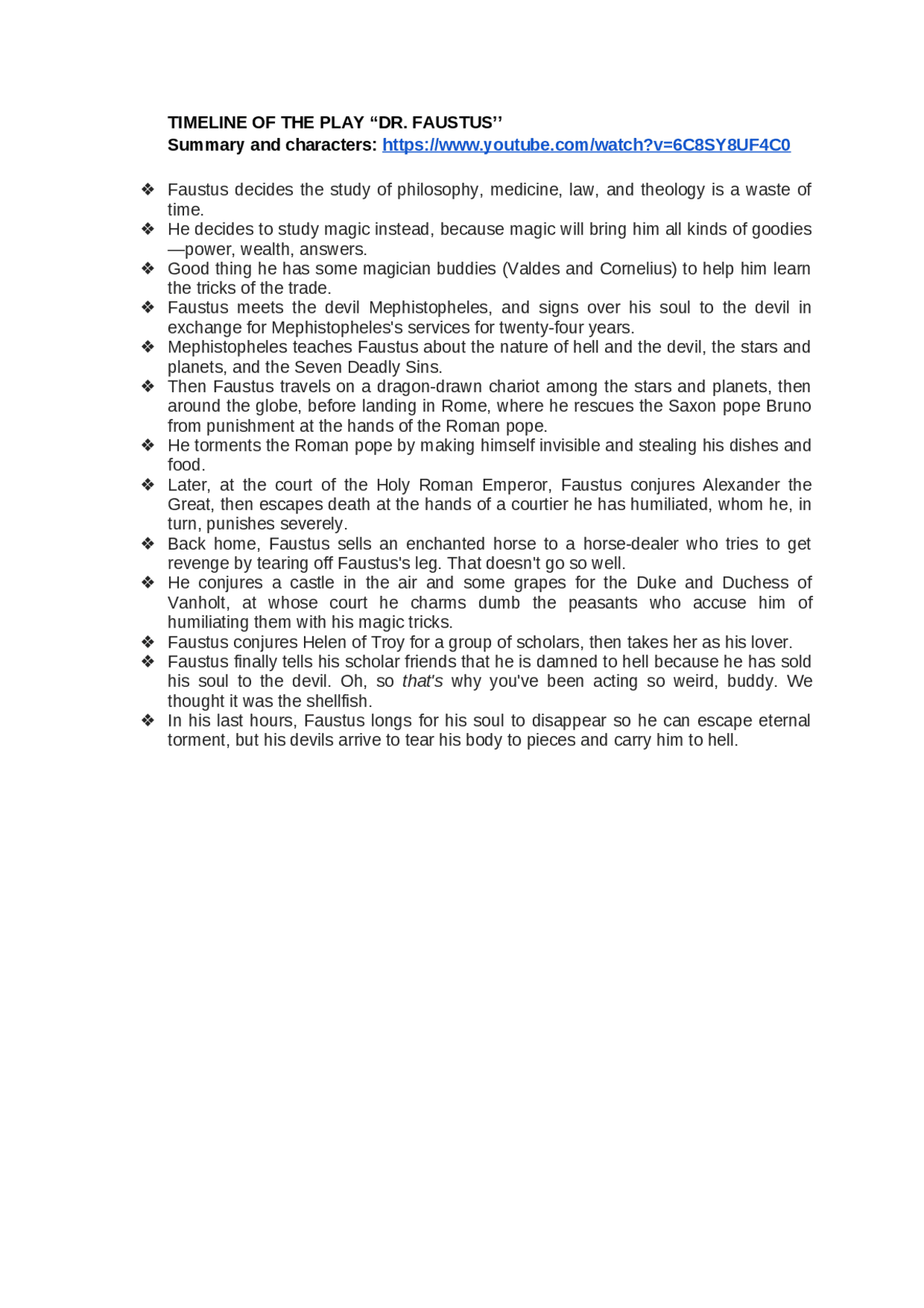 SUMMARY DOCTOR FAUSTUS Docsity