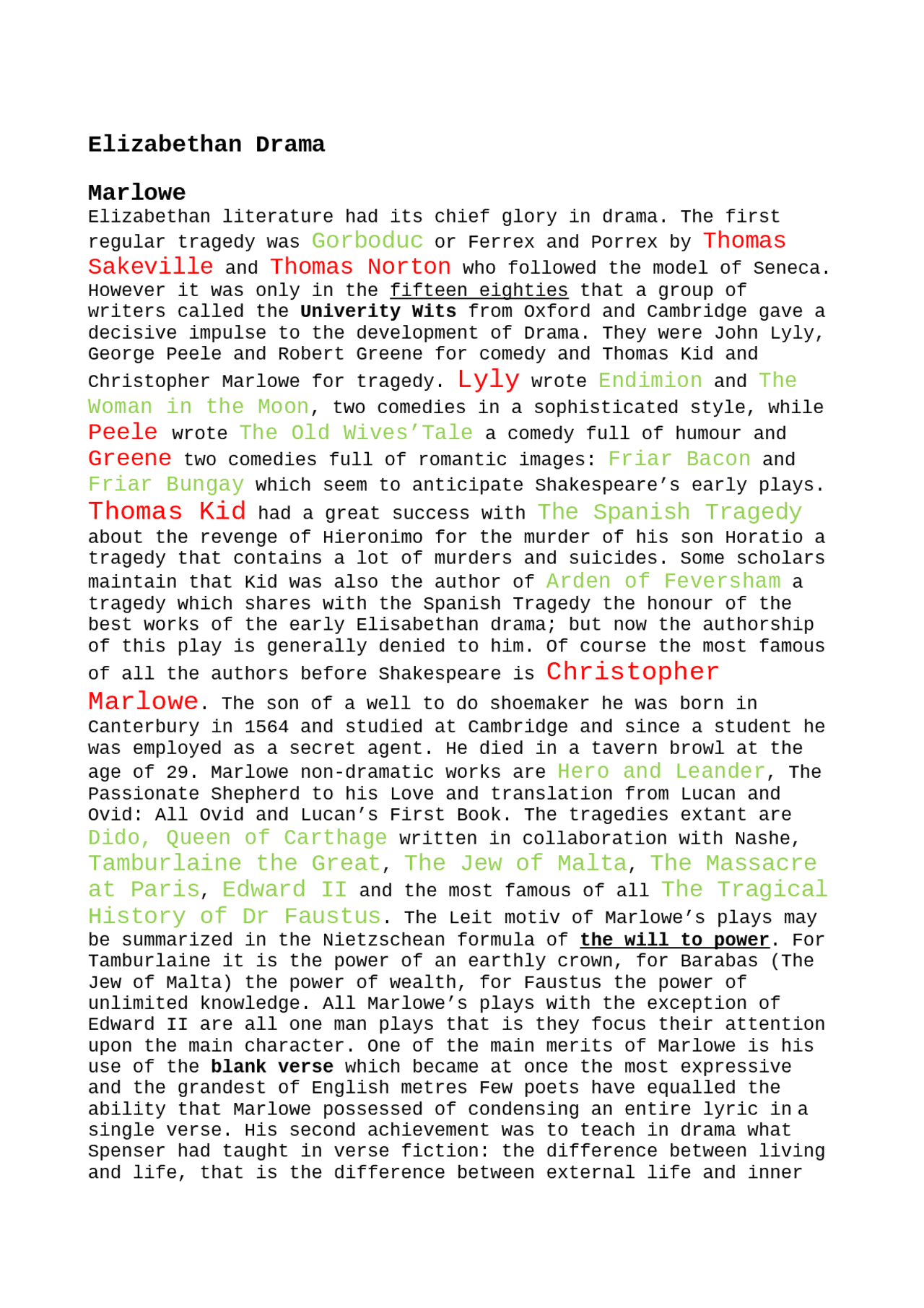 English Literature - summary Elizabethan Drama - Docsity