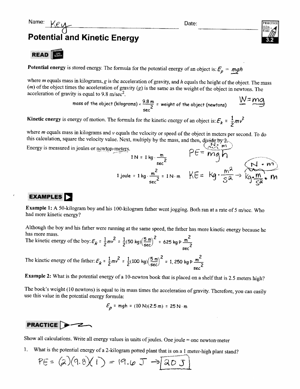 Potential and Kinetic Energy - Docsity With Conservation Of Energy Worksheet Answers