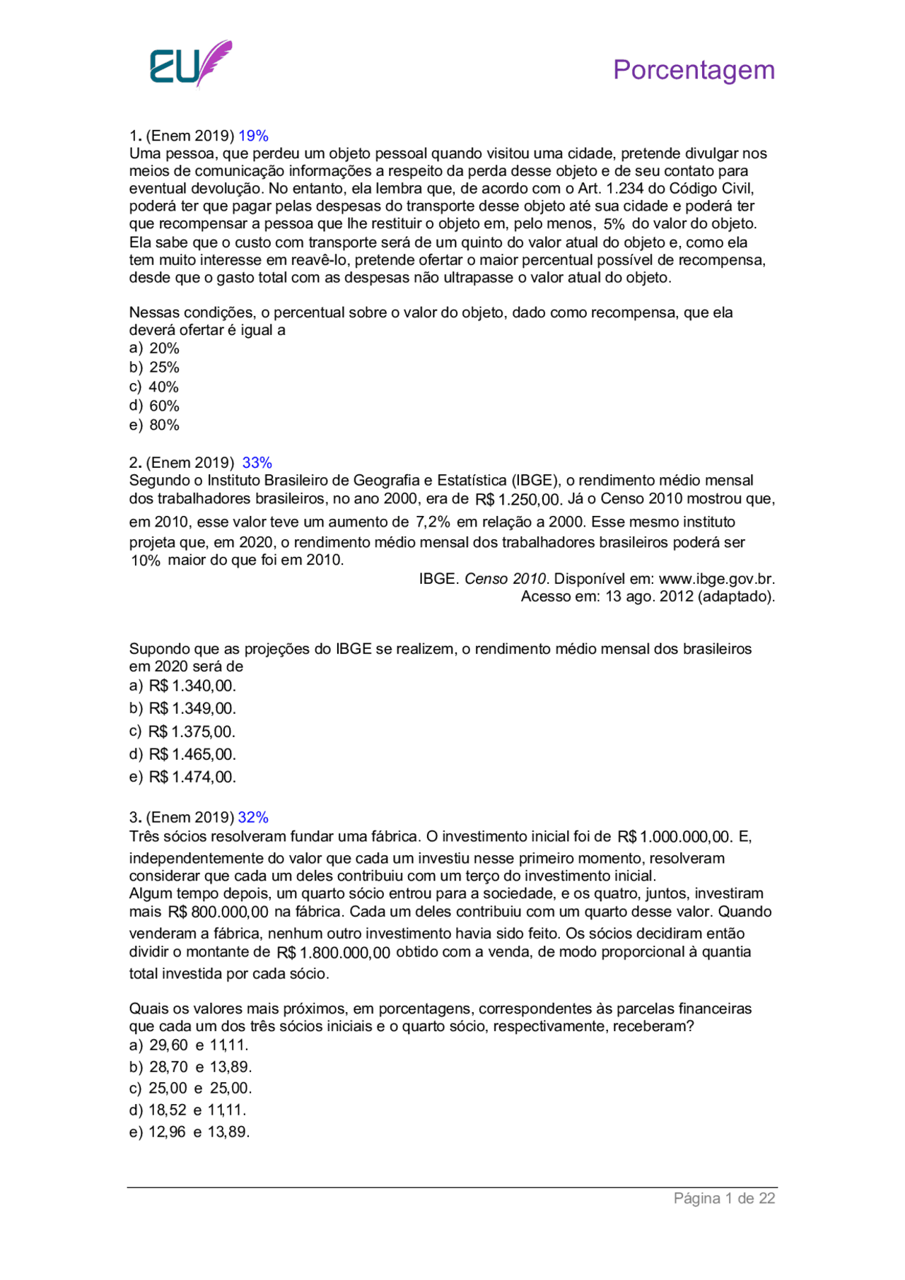 Lista de exercícios porcentagem enem - Docsity