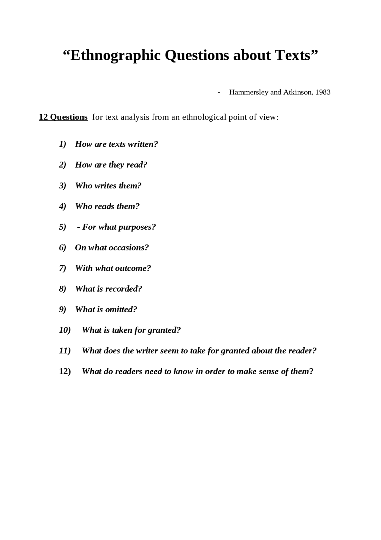 “Ethnographic Questions about Texts”. - Docsity