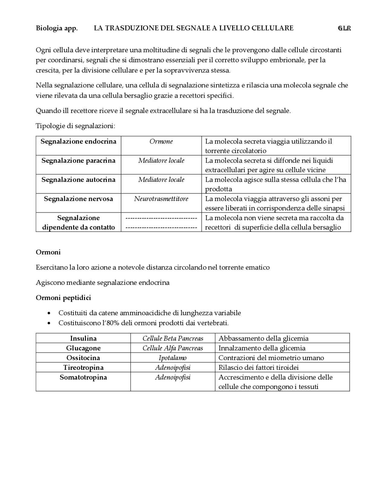 La trasduzione del segnale a livello cellulare Docsity