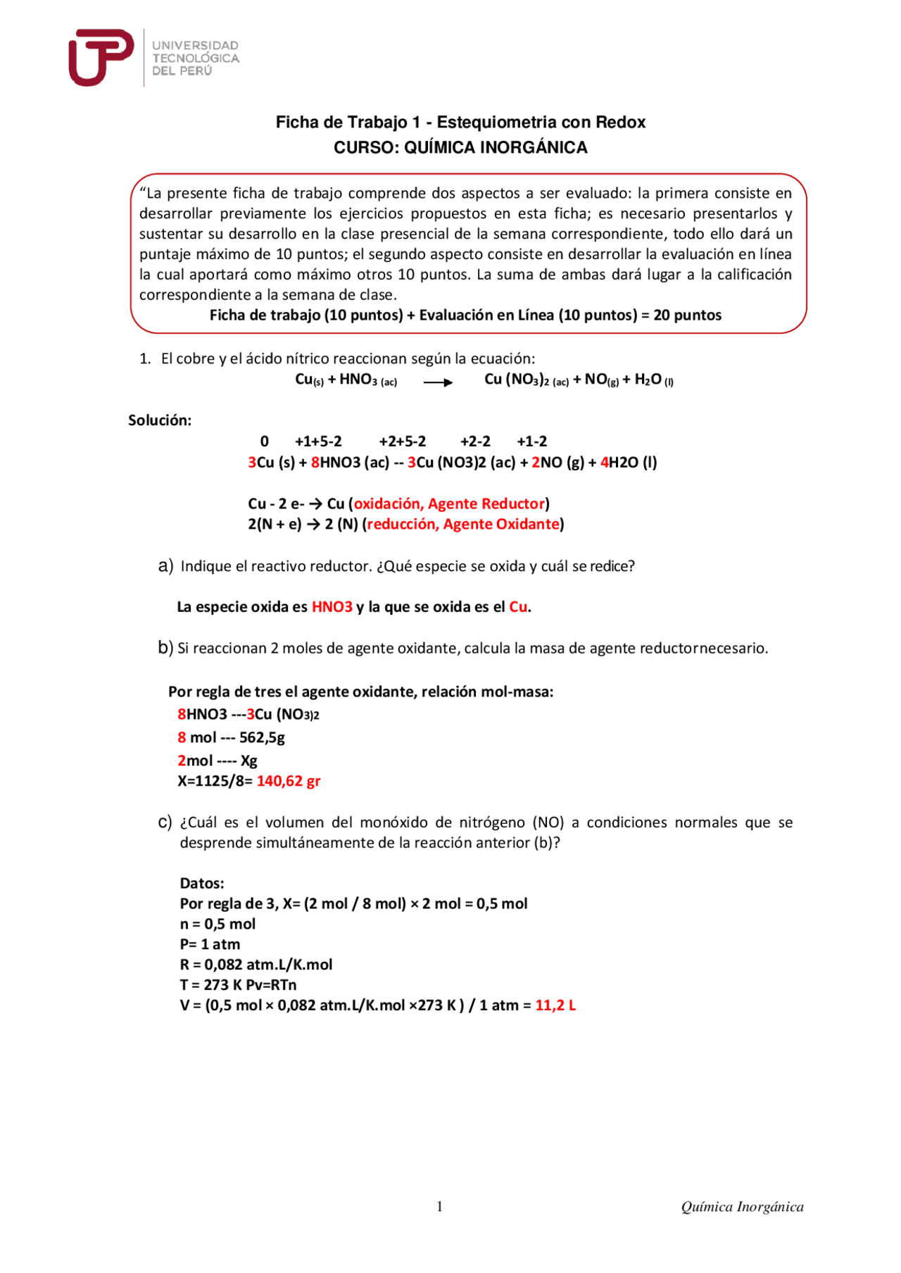 U1 S1 Ficha De Trabajo 1 Estequiometria Con Redox Docsity