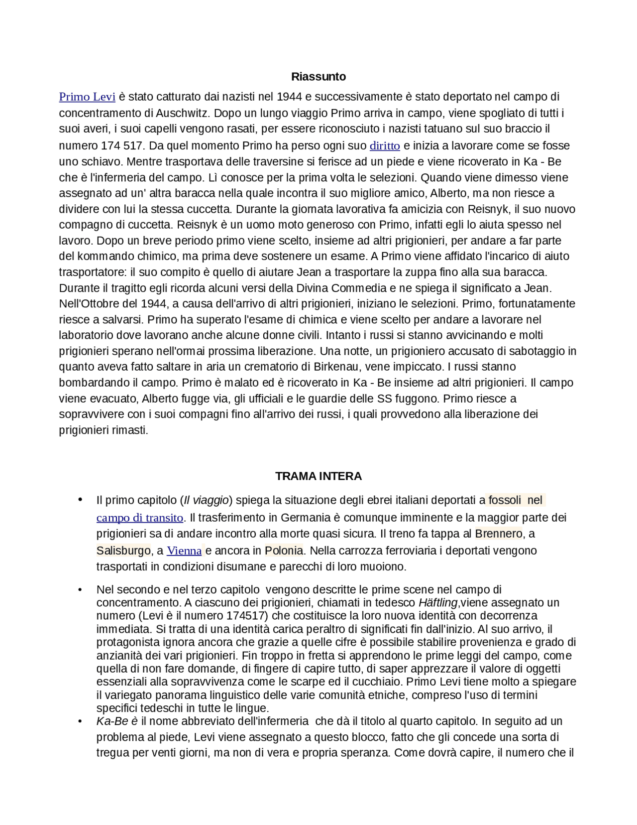 se questo è un uomo riassunto per capitoli