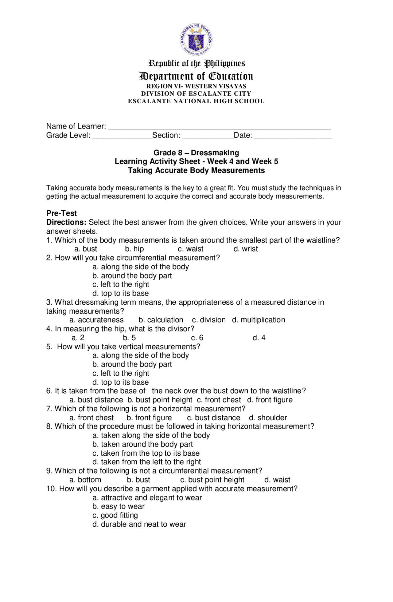 Dressmaking Learning Activity Sheet For Week 5 Docsity dressmaking-learning-activity-sheet-for-week-5-docsity