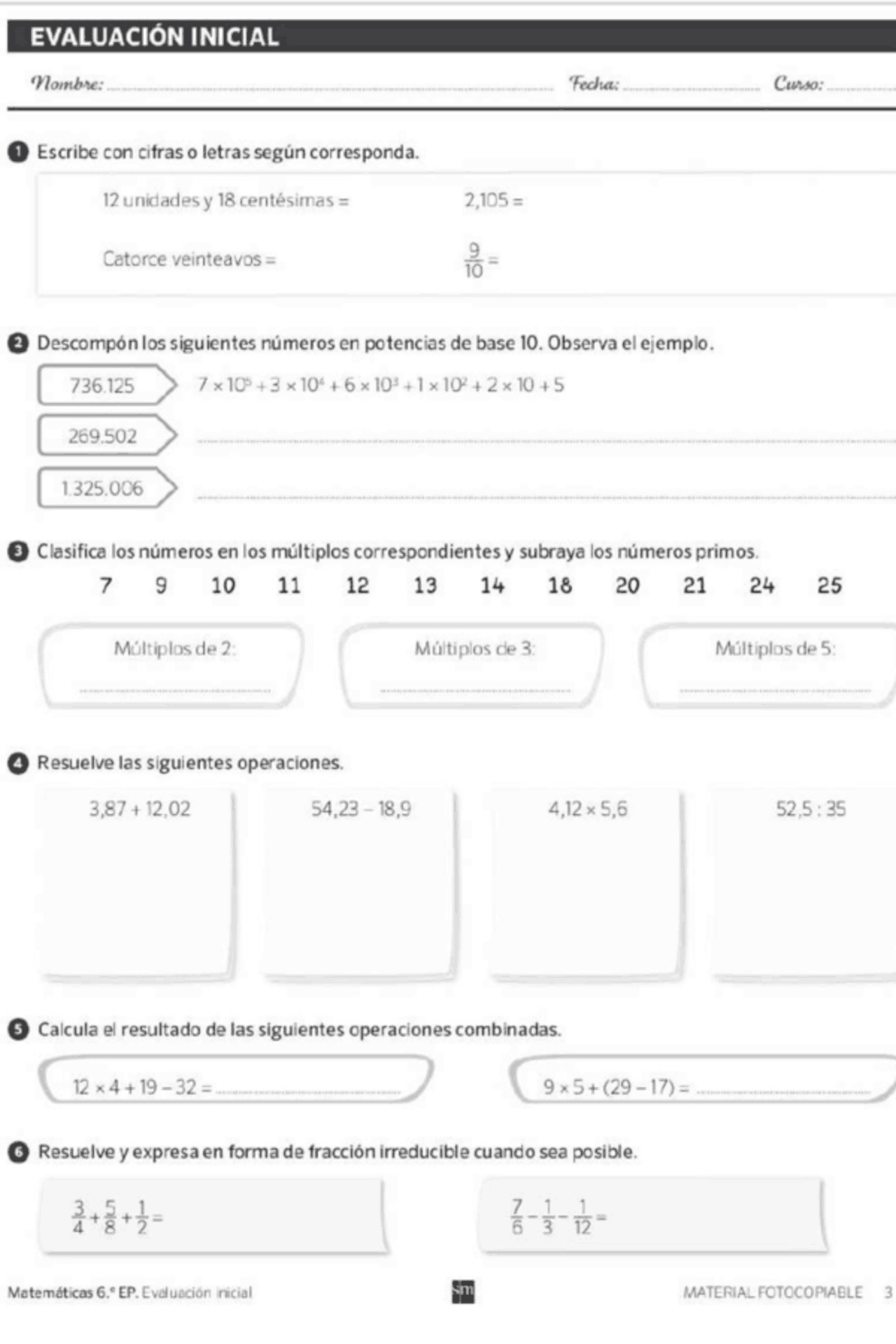 Evaluación inicial sm savia 6 primaria | Exámenes de Matemáticas | Docsity