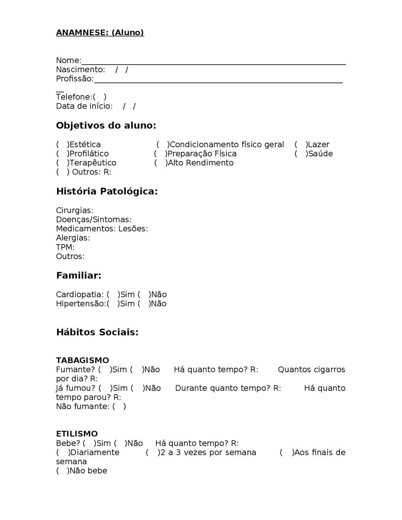 Como fazer uma ficha de anamnese para personal online