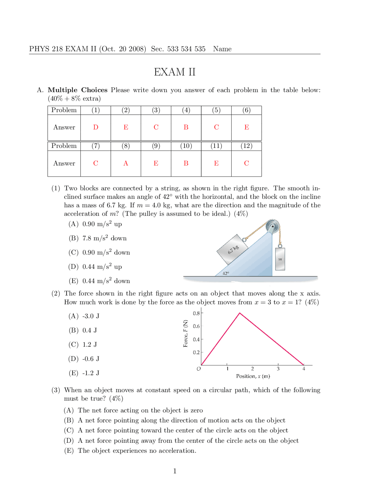Exam II with Answer Key for Mechanics | PHYS 218 | Exams Mechanics ...