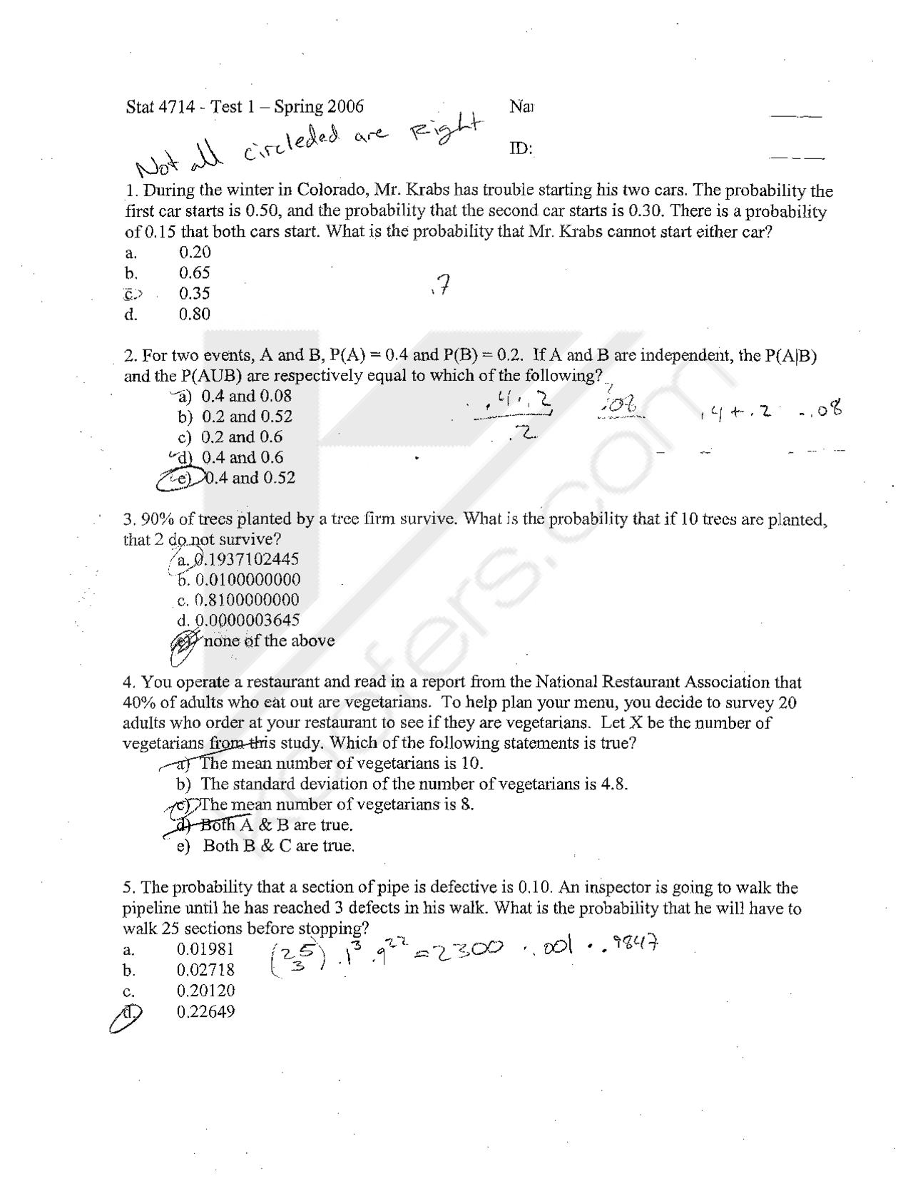 Test # 1 with Solution - Probability and Statistics | STAT 4714 - Docsity