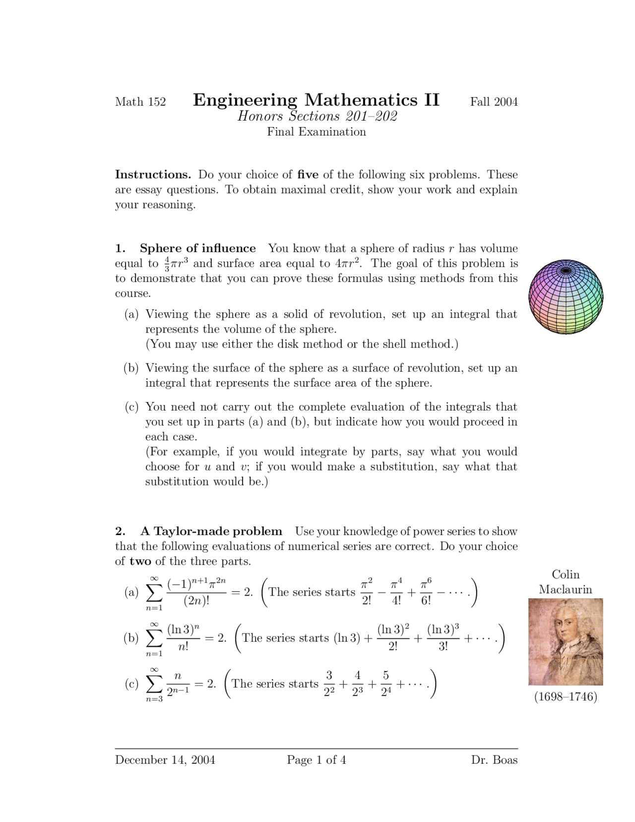 Engineering Senior High Math Final Exam - Honor-Engineering Mathematics I | MATH 152 - Docsity