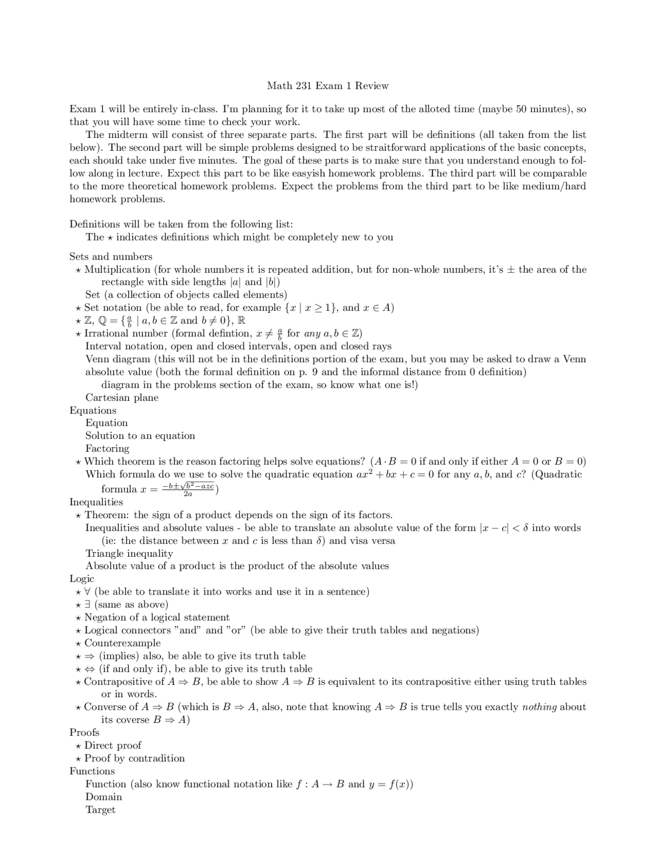 Study Guide of Calculus with Functions for Exam 1 | MATH 231 - Docsity