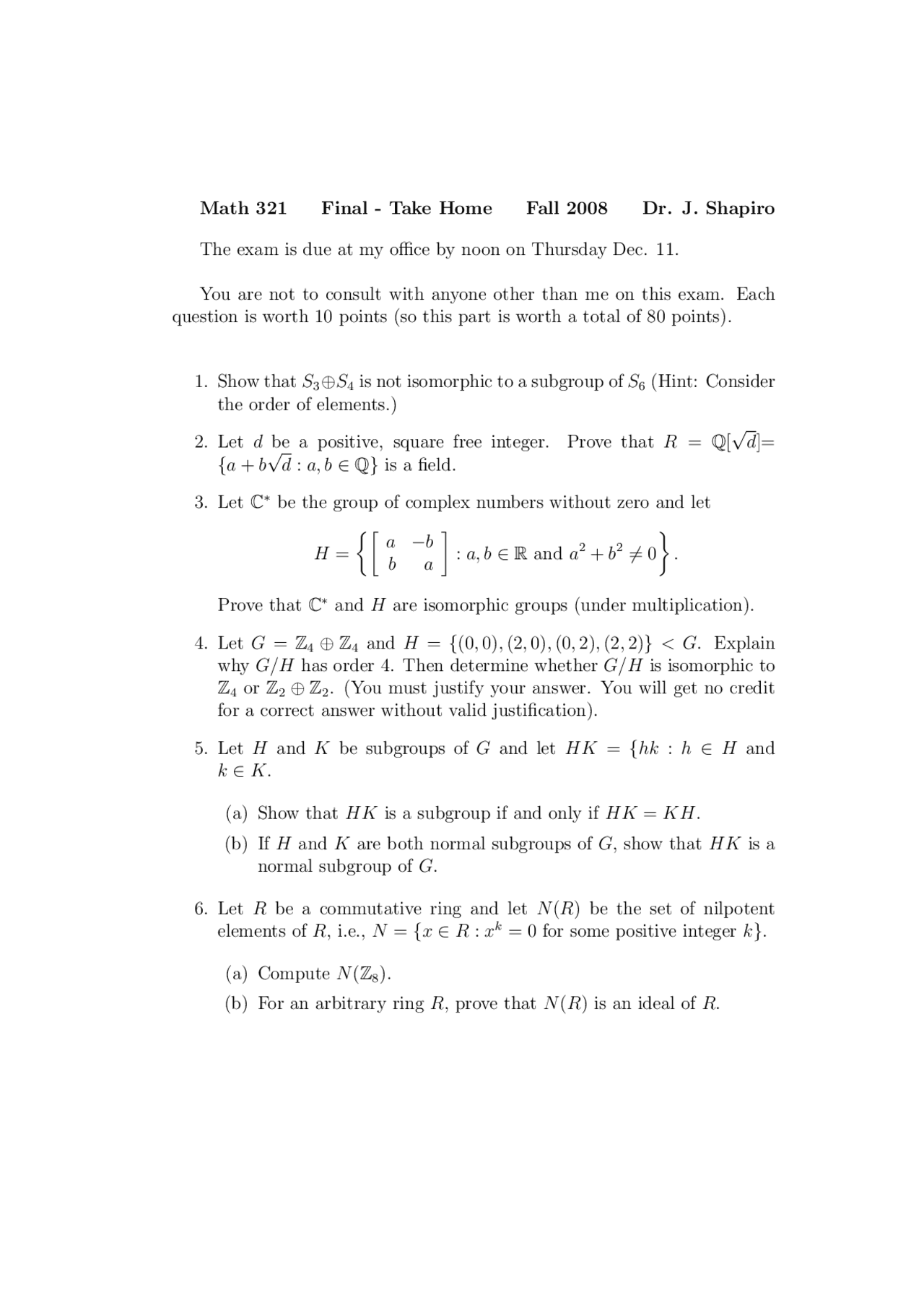 Take Home Final Exam Abstract Algebra Math 321 Docsity