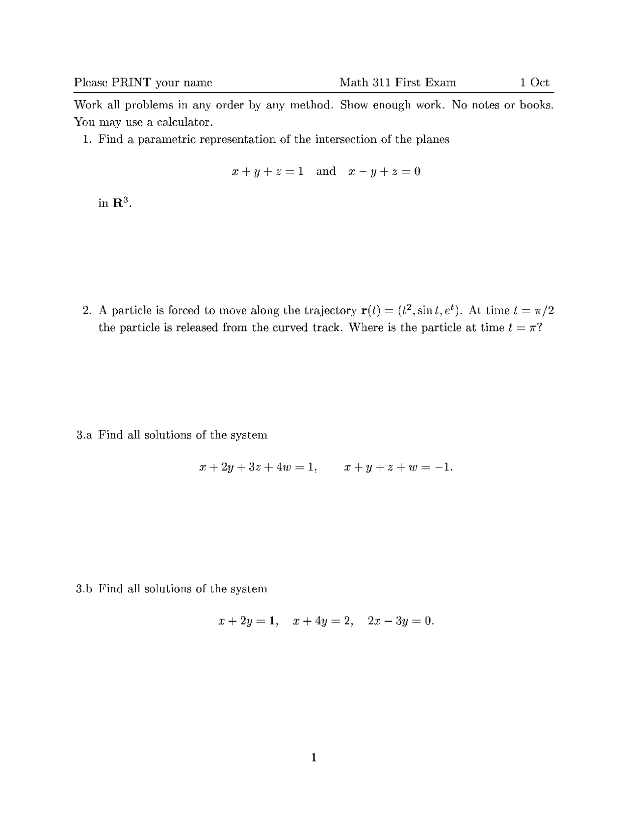 Exam 1 Problems - Applied Mathematics I | MATH 311 - Docsity