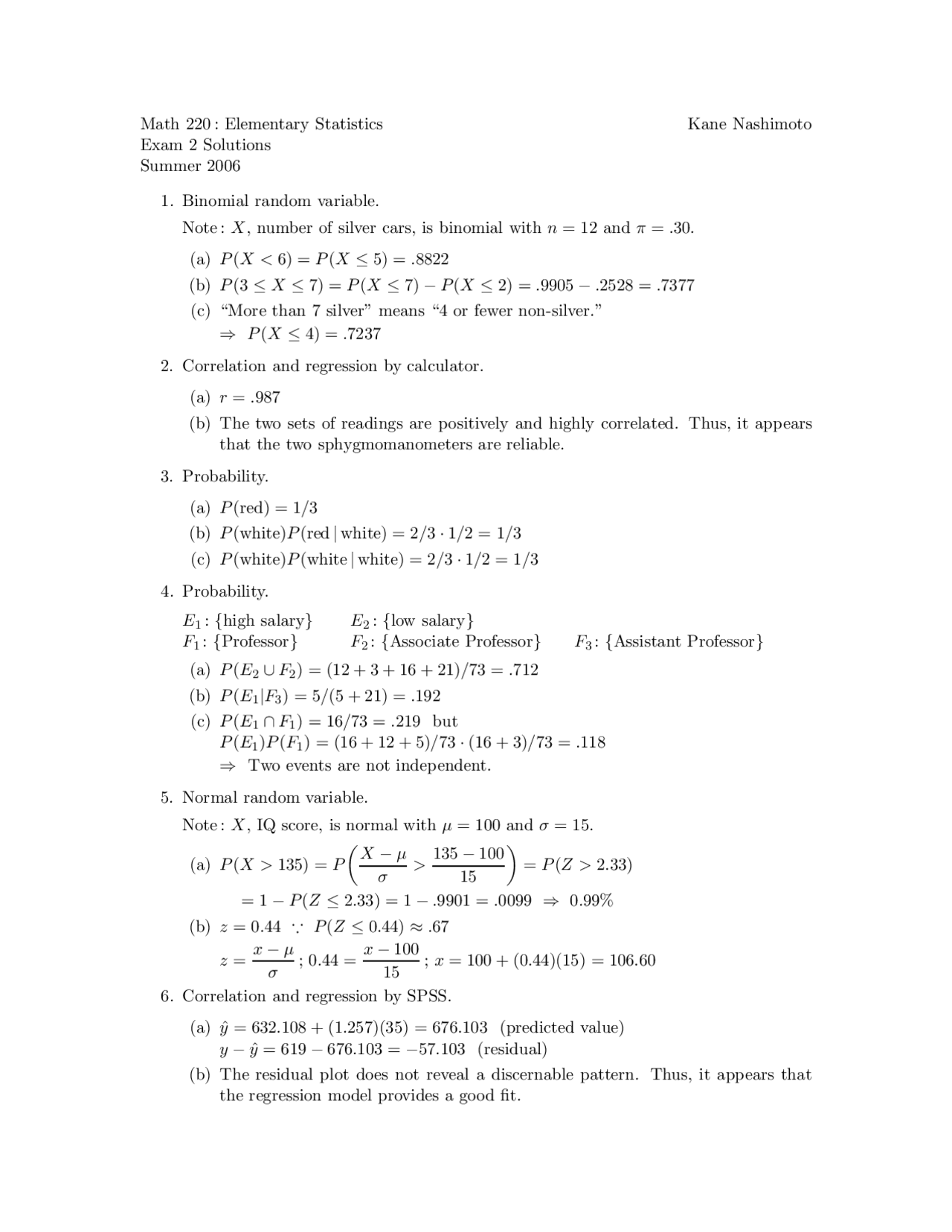 6 Problems in Examination 2 - Introduction to Elementary Statistics ...