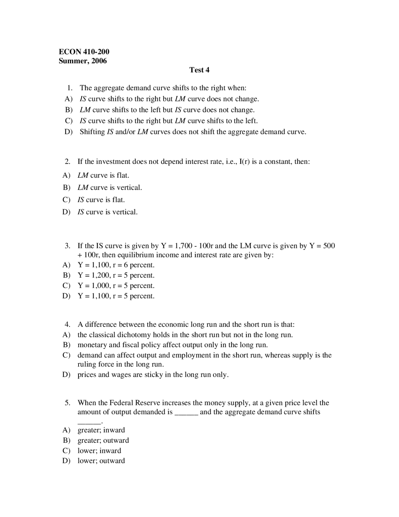 Exam 4 Questions for Macroeconomics Theory | ECON 410 | Exams ...