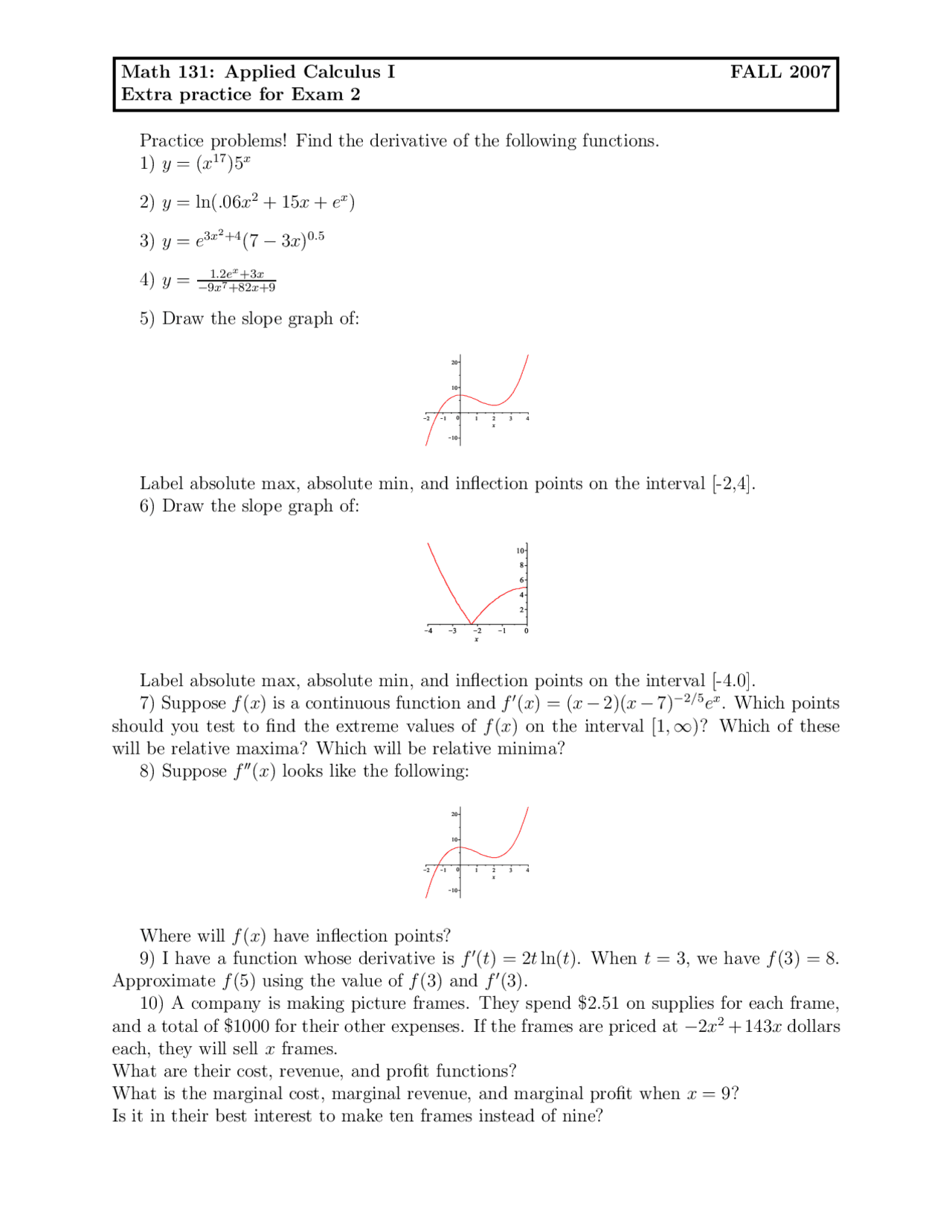 Practice for Exam II - Mathematics Concepts Calculus | MATH 131 - Docsity