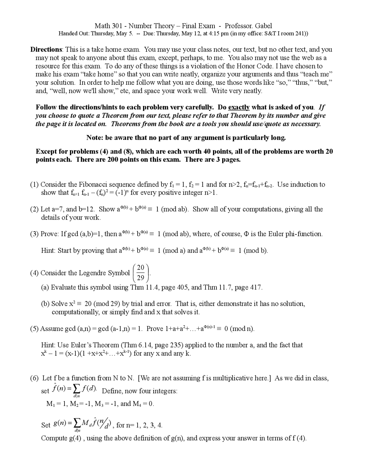 Final Exam Study Guide - Number Theory | MATH 301 - Docsity