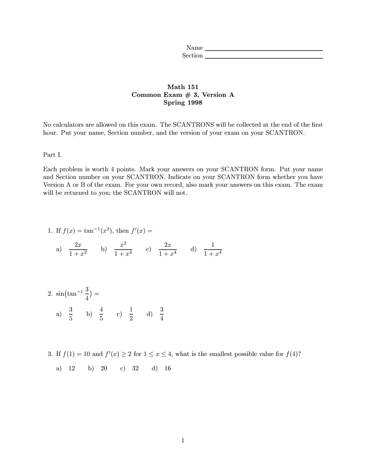 Exam 3 Version A - Honor-Engineering Mathematics I | MATH 151 - Docsity