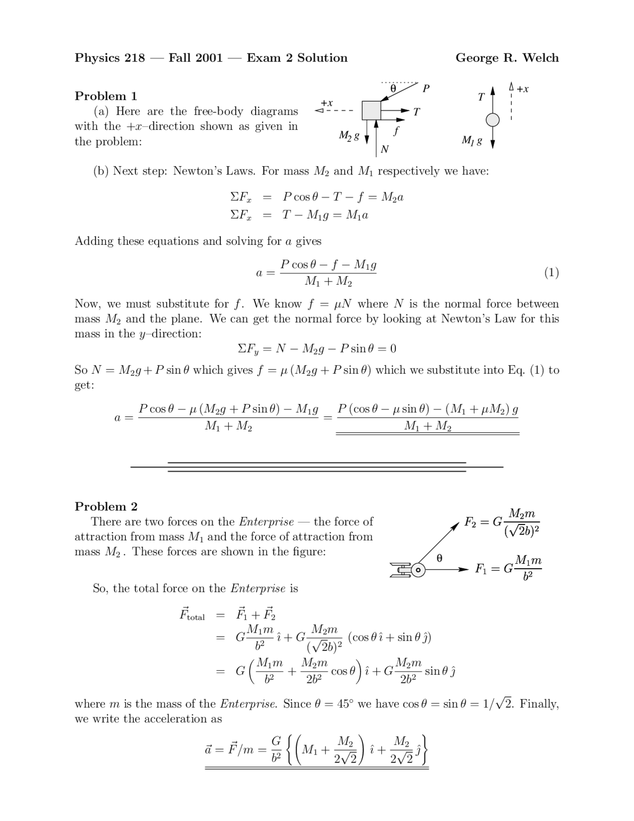 Examination 2 Solutions - Mechanics - Fall 2001 | PHYS 218 - Docsity