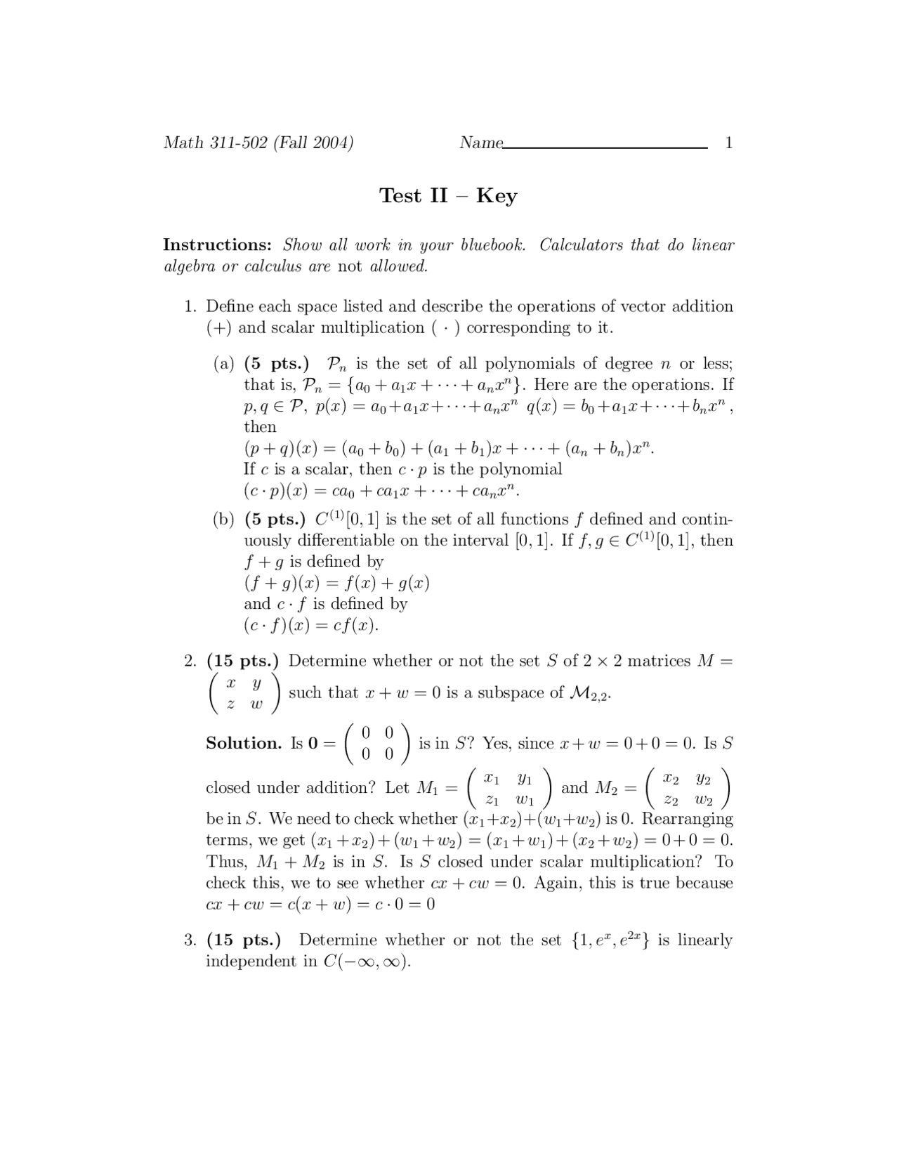 Test 2 with Answer Key - Applied Mathematics I | MATH 311 - Docsity