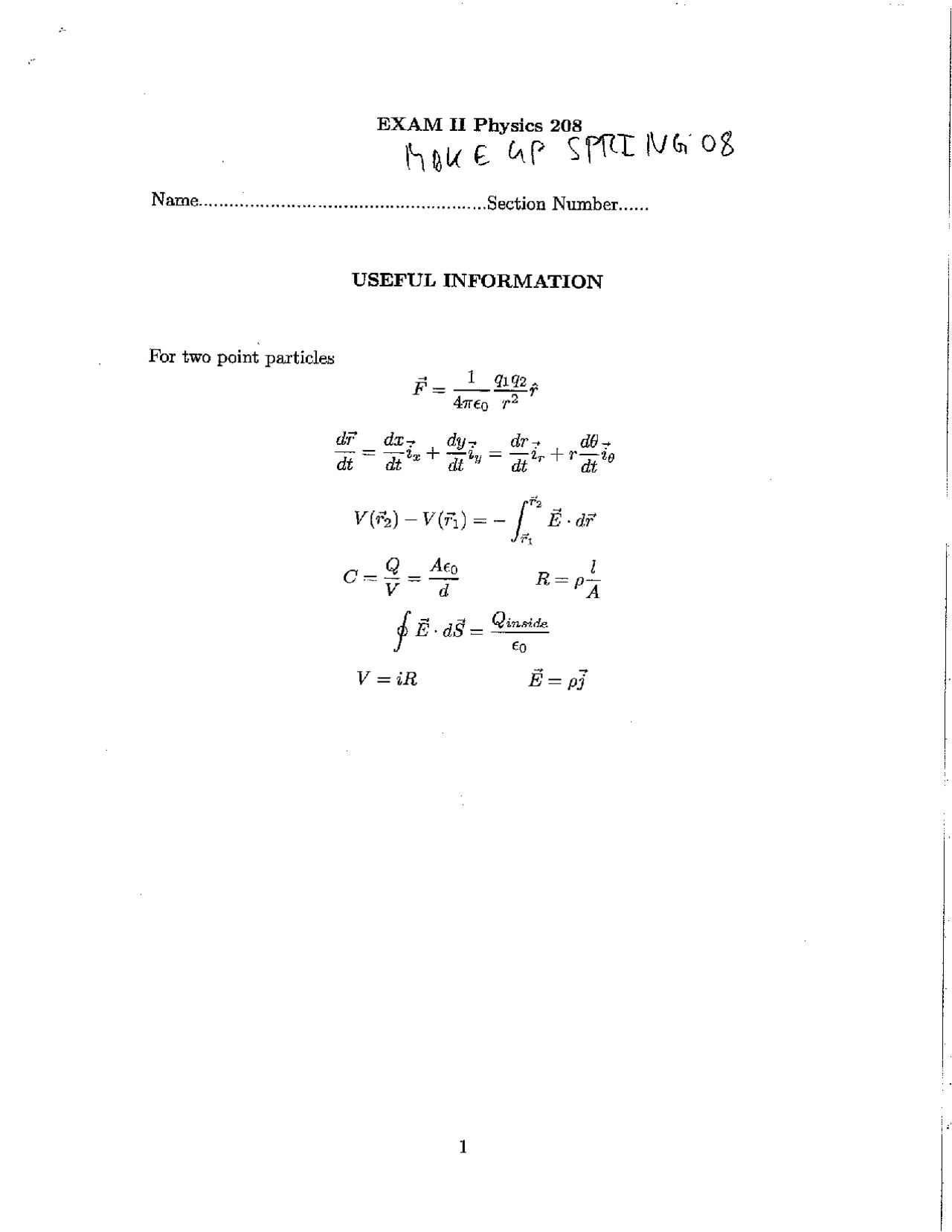 Electricity and Magnetism - Exam 2 | PHYS 208 - Docsity