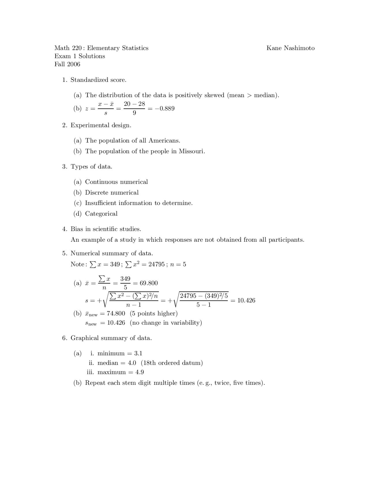 6 Problems on Experimental Design - Examination 1 | MATH 220 - Docsity