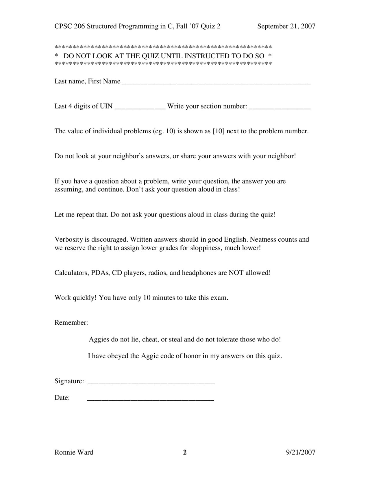 Structured Programming in C - Quiz II Solutions | CPSC 206 - Docsity