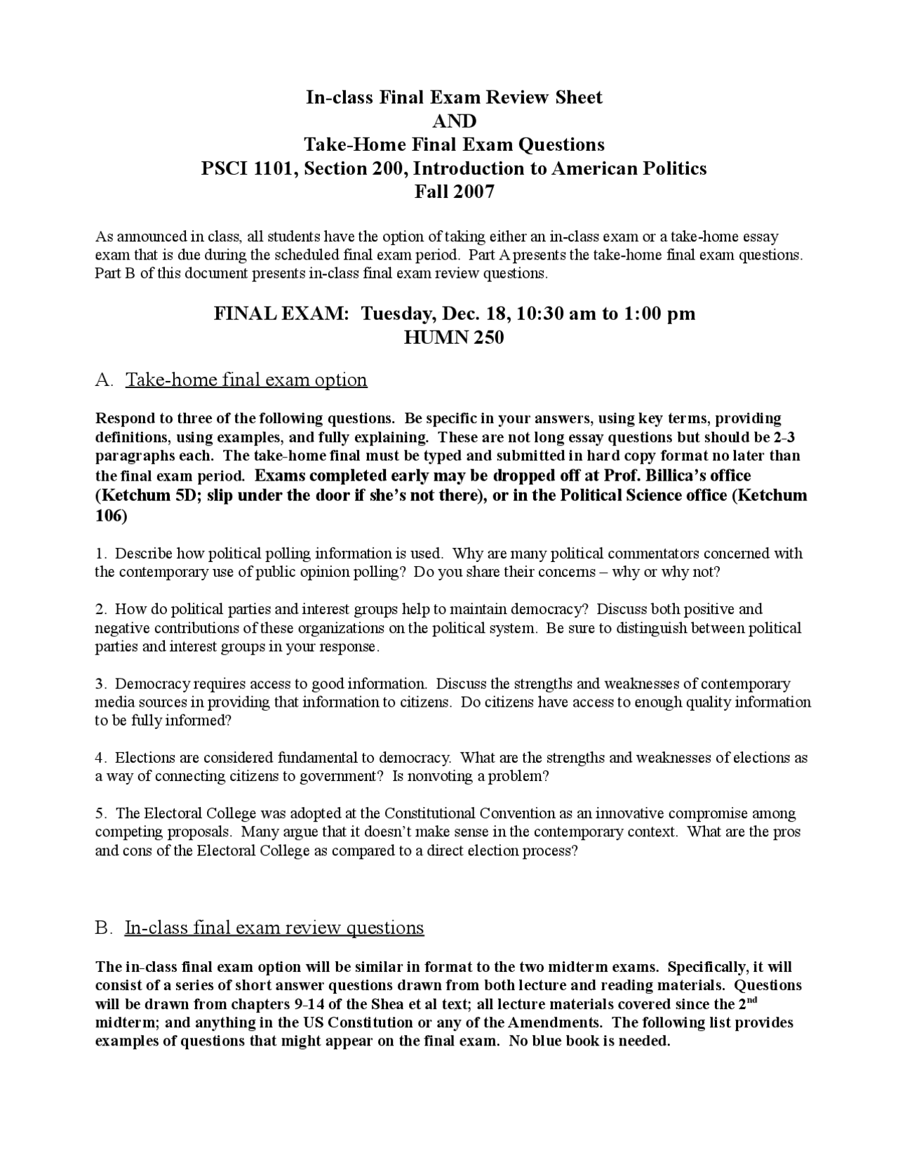 Final Exam Review Sheet - The American Political System | PSCI 1101 ...