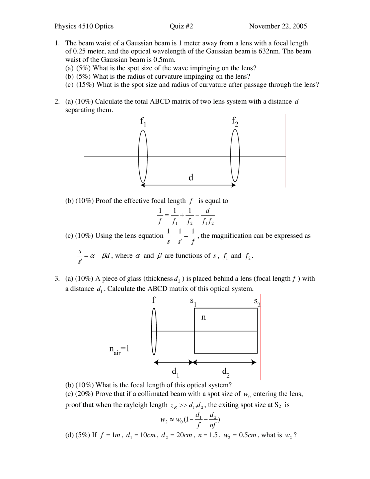 Optics Problems 3 Problems with Solutions in Quiz 2 on Optics | PHYS 4510 - Docsity