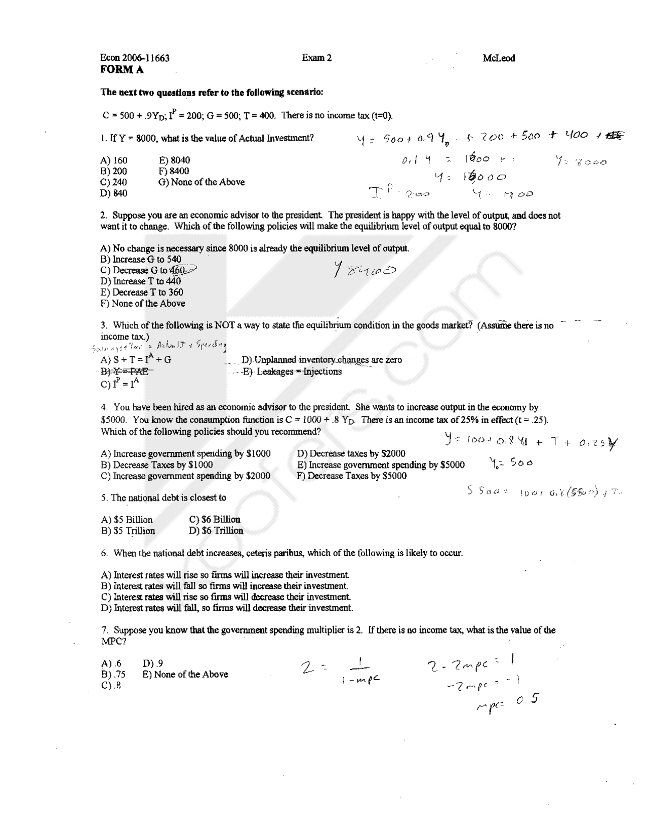 Exam 2A with Answers | Principles of Economics | ECON 2006 - Docsity