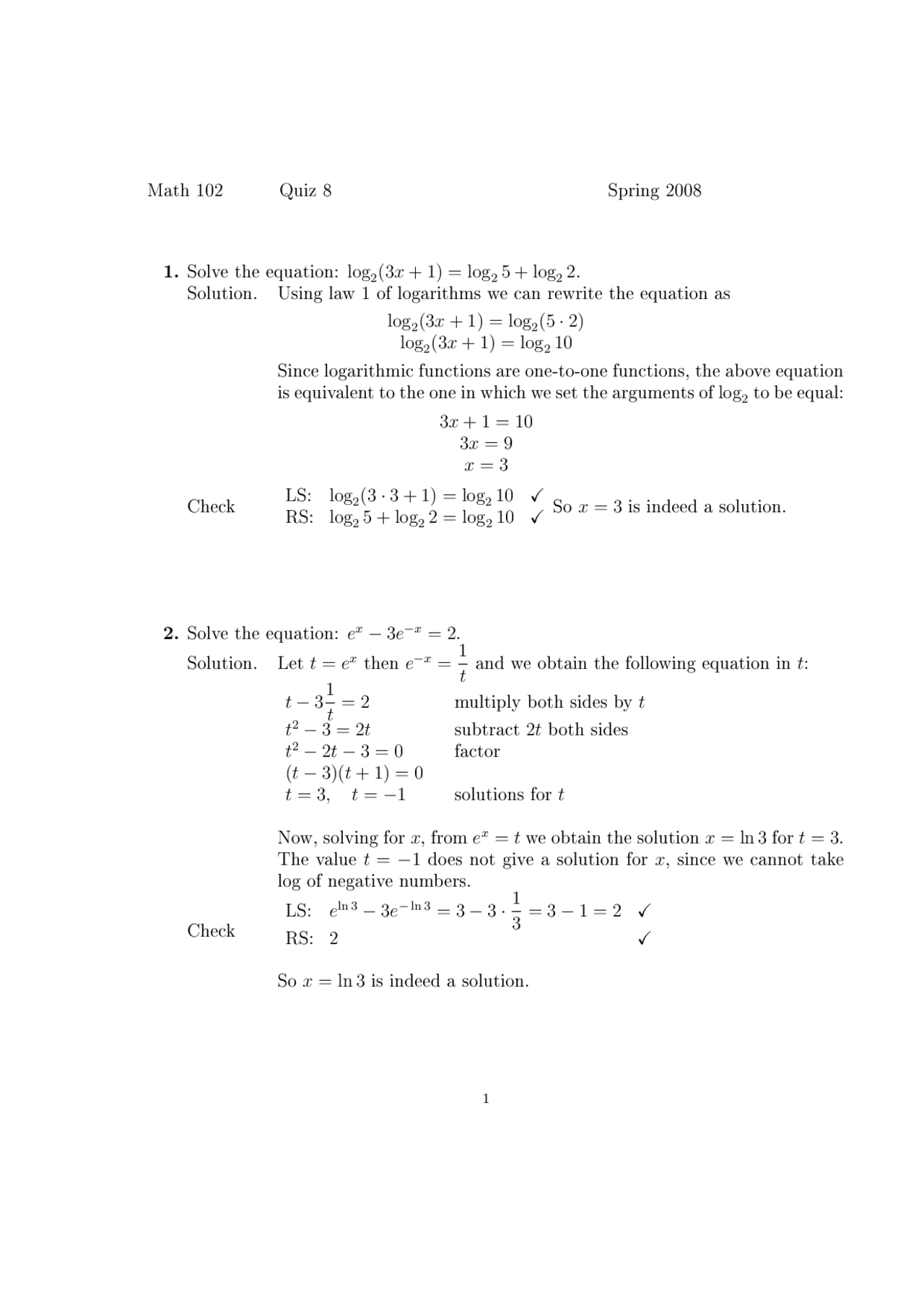 Quiz 8 Solutions - Algebra - Spring 2008 | MATH 102 - Docsity