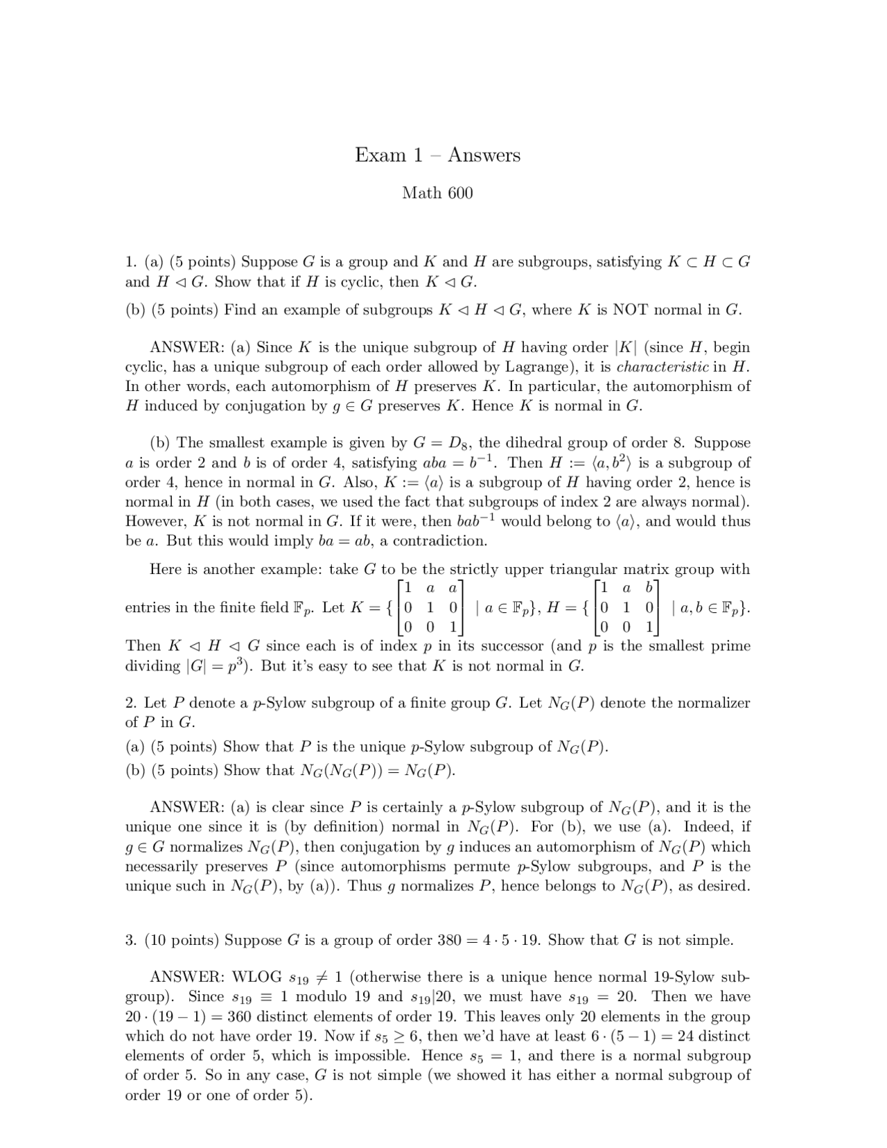 Abstract Algebra I - Past Exam 1 with Solutions | MATH 600 - Docsity